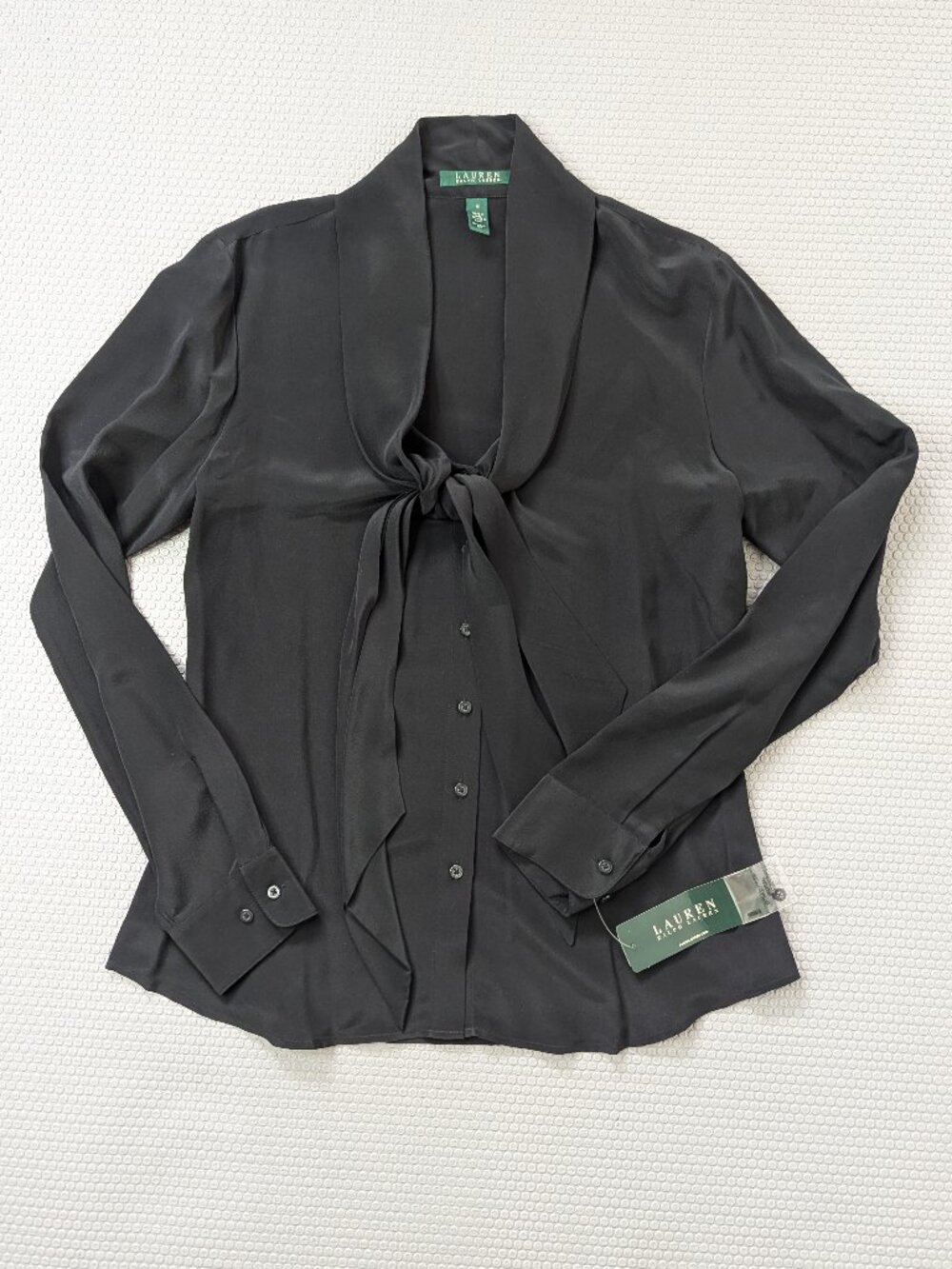 NWT Lauren Ralph Lauren 100% Silk Black Tie-Neck Blouse M